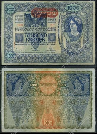 Австрия 1919 г. • P# 61 • 1000 крон • надпечатка "Deutschosterreich" + "II Auflage" • регулярный выпуск • XF+